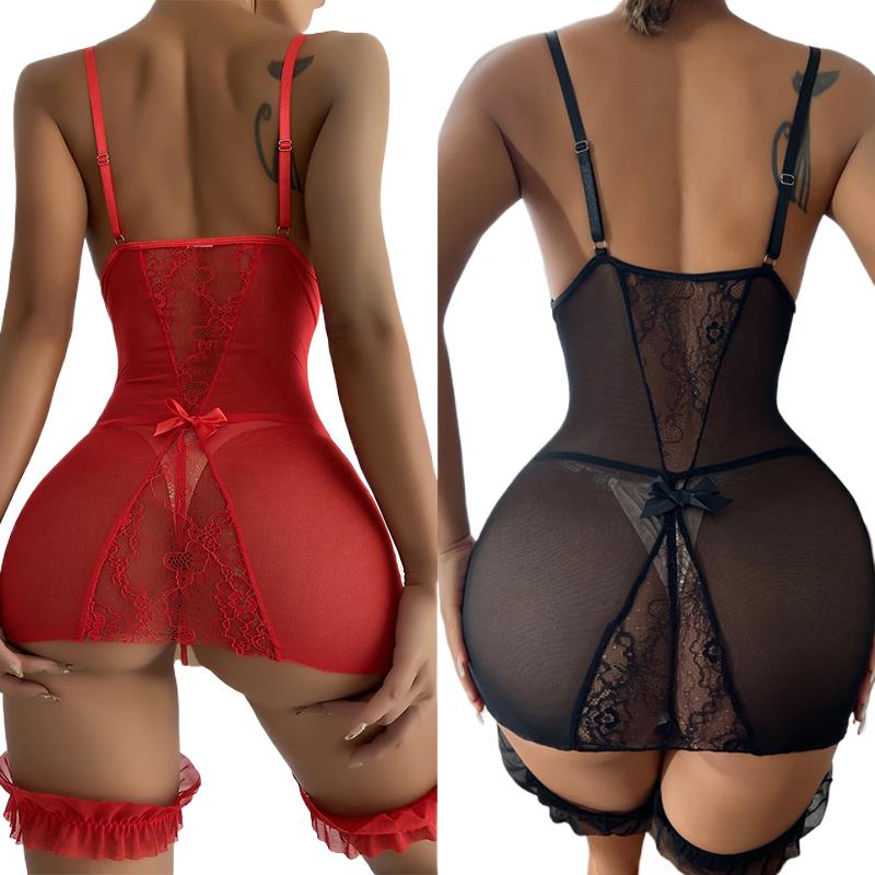 Babydoll Chemise Night - Transparante V-hals Band Nachtjurk Met String